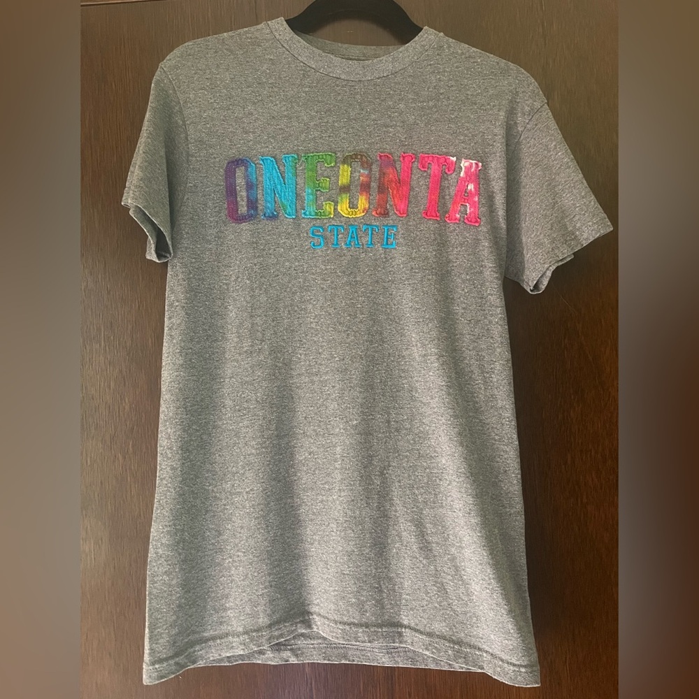 Oneonta state gray shirt with rainbow writing